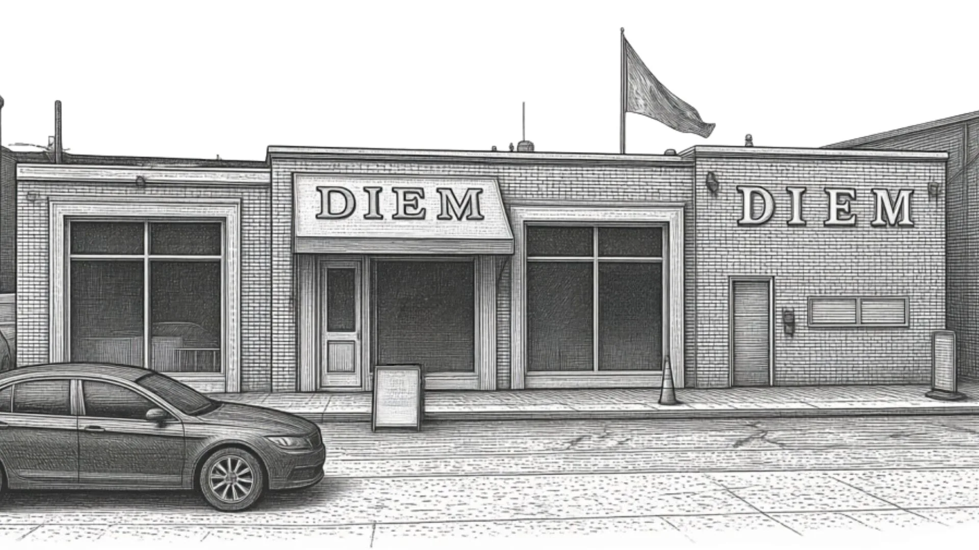 Hand-drawn illustration of the Diem Worcester storefront at 74 Grafton St